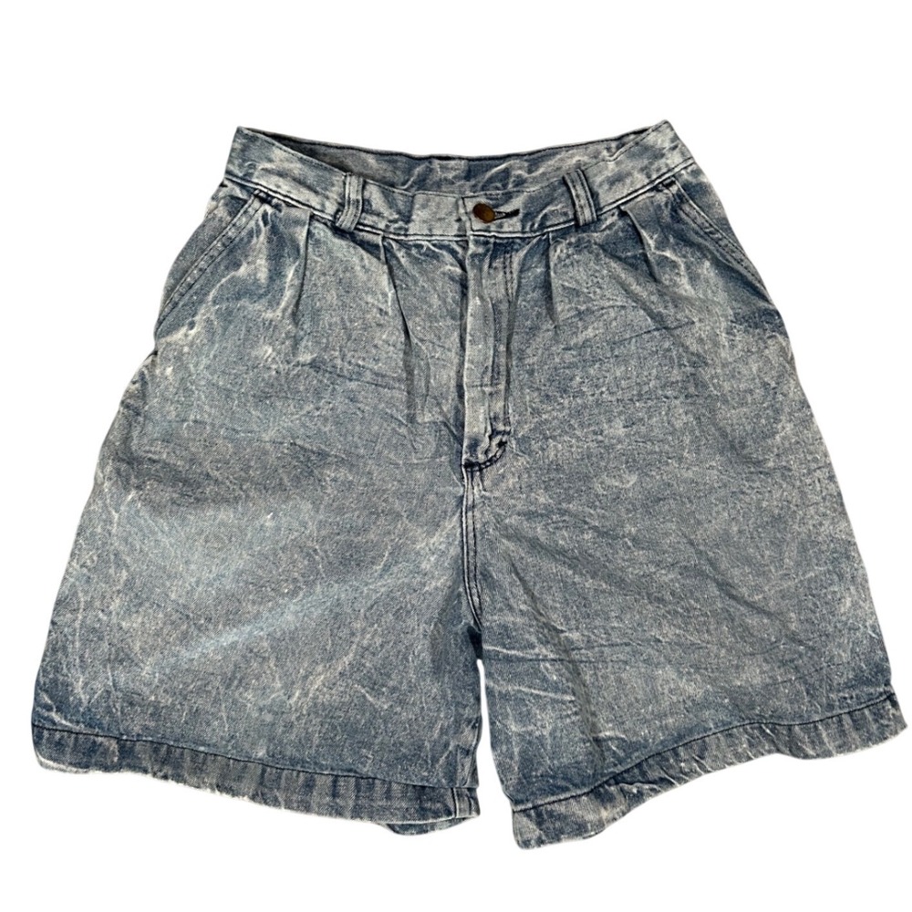 Vintage Acid Wash Denim Shorts Women High Waisted Pleated Blue Retro 90s 25-26'